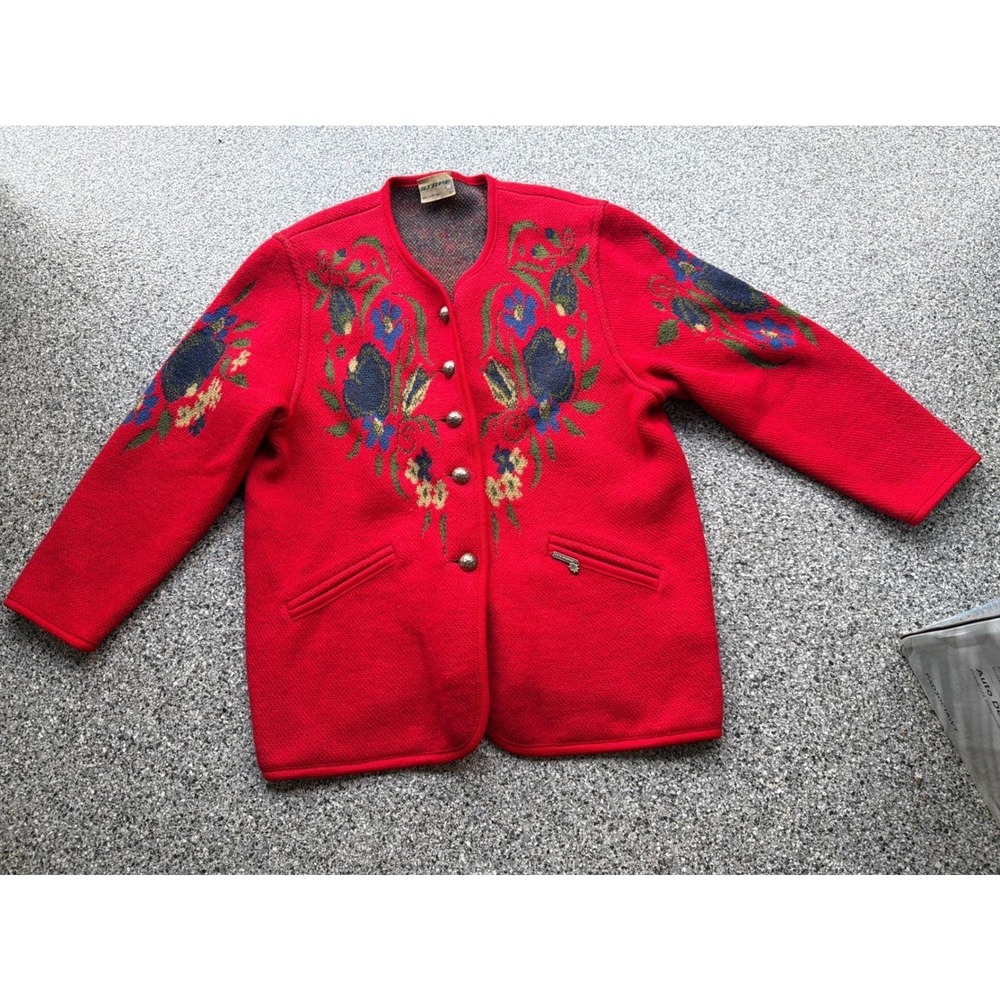 STAPF Austria Red Boiled Wool Floral Embroidered Tyrolean Cardigan Jacket 42